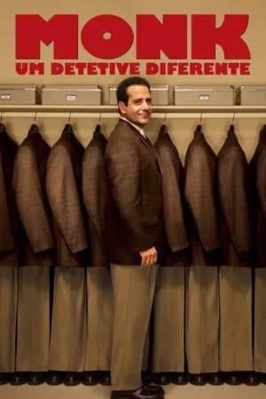 Homem de terno xadrez marrom sorri em closet com ternos idênticos pendurados e caixas arrumadas.