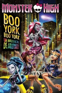 Quatro garotas monstro animadas cantam e posam em um táxi,com uma cidade vibrante e arranha-céus iluminados à noite. Atmosfera musical.
