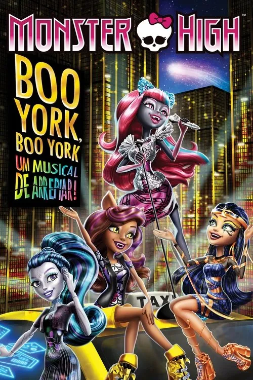 Quatro garotas monstro animadas cantam e posam em um táxi,com uma cidade vibrante e arranha-céus iluminados à noite. Atmosfera musical.