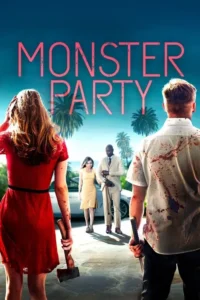 Duas pessoas ensanguentadas com machado e facão encaram um casal elegante em cenário tropical. Tensão e horror.
