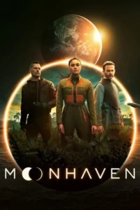 Pôster sci-fi:3 personagens em trajes futuristas,sobre uma paisagem alienígena com vegetação densa,sob um planeta iluminado.
