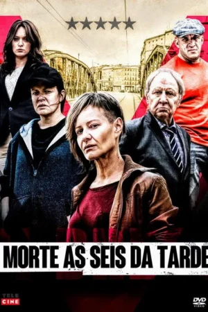 Seis personagens com expressões sérias posam à frente de uma ponte urbana. Predominam cores escuras e clima tenso de drama.