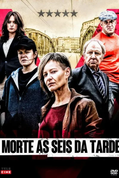 Seis personagens com expressões sérias posam à frente de uma ponte urbana. Predominam cores escuras e clima tenso de drama.