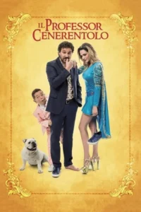 Pôster dourado. Homem de terno descalço,mulher de vestido azul segurando sapatos,homem pequeno e bulldog. Clima de comédia leve.