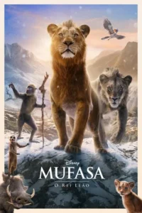 Leão majestoso e filhote em montanhas nevadas com neve caindo. Mandril,suricate,javali e pássaro em cena épica.