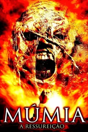 Pôster de horror com uma múmia gritando, envolta em chamas intensas de vermelho e laranja. Clima assustador e sobrenatural.