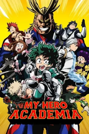 Pôster de anime. Vários heróis em trajes, incluindo um homem musculoso loiro e um jovem de cabelo verde, posam contra fundo amarelo brilhante.