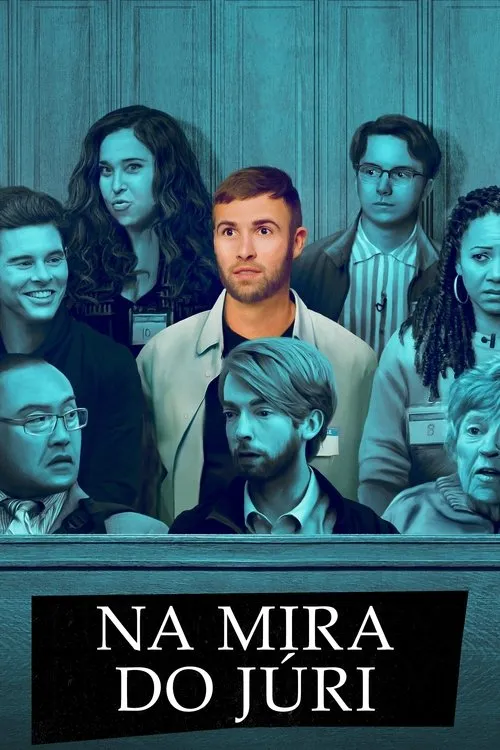 Na Mira do Júri 1 Oito pessoas diversas,em tons azulados,sentadas como um júri. Um homem central está chocado;os outros têm expressões variadas.