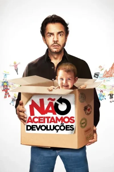 Homem chocado segura caixa com bebê sorridente. Na caixa: Não Aceitamos Devoluções. Fundo com desenhos infantis.