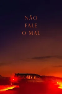 Pôster:Carro escuro com passageiros angustiados contra pôr do sol vermelho intenso. Céu escuro. Ambiente de suspense.
