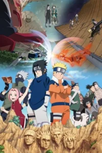 Pôster de anime:jovens ninjas com amigos em rochas esculpidas. Cenas aéreas de combate com monstros,raios azuis e energia laranja.