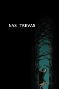 Desenho de figura pálida com lábios vermelhos e cabelo escuro,segurando um urso,espreitando de floresta escura com fundo azul-esverdeado.