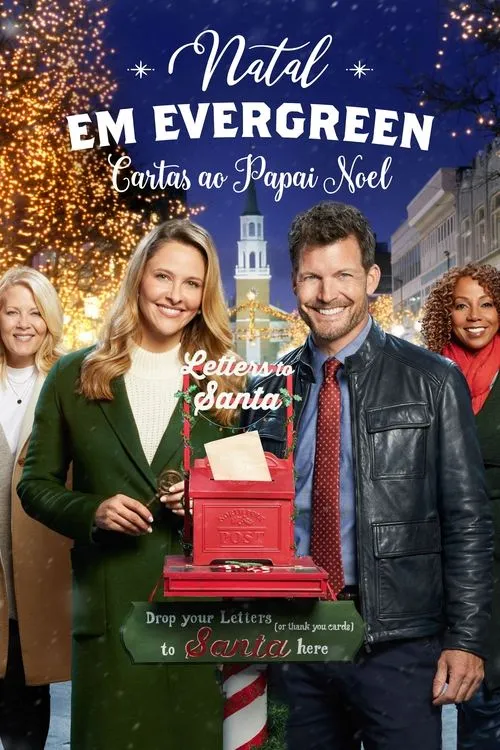 Pôster natalino:Quatro pessoas sorrindo em uma cidade iluminada e nevada. Em destaque,um casal segura uma caixa de correio vermelha do Papai Noel.