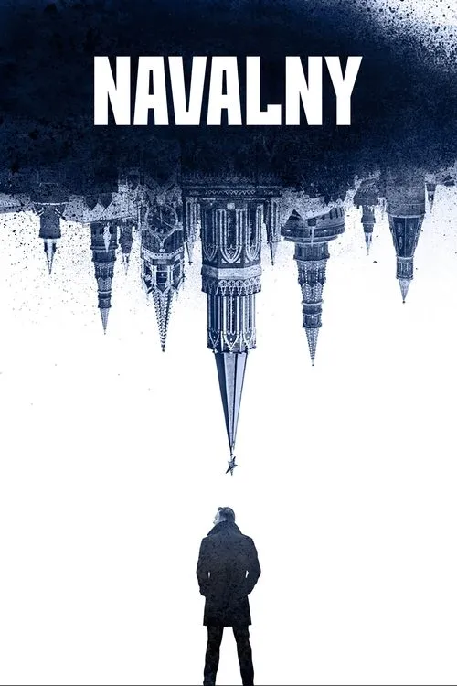 Navalny 1 Homem em casaco olha para prédios estilo Kremlin invertidos. Fundo branco e azul escuro,com atmosfera sombria.