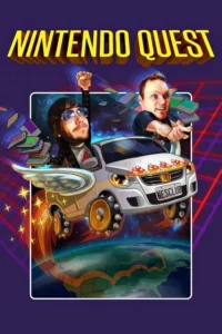 Dois aventureiros sorridentes em um carro voador com asas e cartuchos de jogos, viajam sobre a Terra em um cenário cósmico e retro.