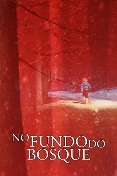 Criança em roupas de inverno caminha sozinha em floresta nevada sob luz vermelha intensa e neve caindo. Clima misterioso.