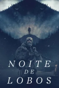 Pôster sombrio:homem com rifle na neve,montanha com olhos de lobo e figura distante. Clima frio e perigoso.