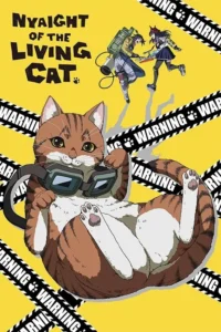Um gato tabby laranja e branco com óculos de proteção. Duas garotas anime correm acima em ação. Fitas WARNING em fundo amarelo vibrante.