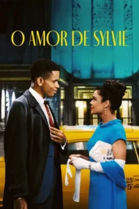 Casal elegante se olha em rua urbana com táxi amarelo. Ele de terno,ela de vestido azul,luvas. Atmosfera romântica vintage.