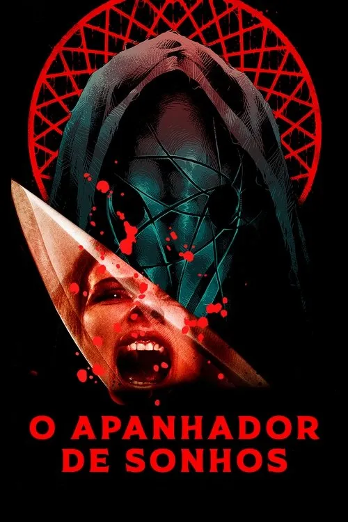 Pôster de terror. Figura encapuzada e mascarada de grades, com halo vermelho geométrico. Faca ensanguentada reflete rosto de mulher gritando. Sombrio.