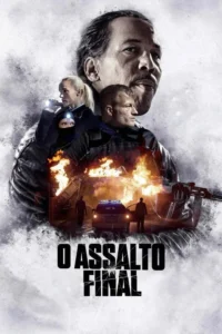 Pôster:Homem adulto dominante e três figuras de ação. Fogo,viatura policial e rifle. Cena de alto risco,ação e suspense.