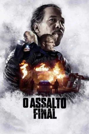 Pôster: Homem adulto dominante e três figuras de ação. Fogo, viatura policial e rifle. Cena de alto risco, ação e suspense.
