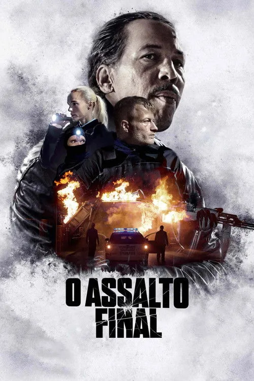 Pôster: Homem adulto dominante e três figuras de ação. Fogo, viatura policial e rifle. Cena de alto risco, ação e suspense.