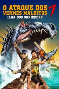 Dois homens armados,um com facão e outro com motosserra,lutam contra um monstro marinho gigante que surge da água em uma ilha tropical.