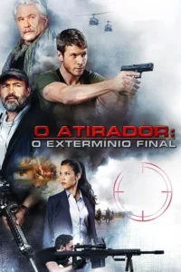Pôster com homem armado em destaque,outros personagens sérios. Fundo de helicópteros,explosões,fumaça e mira de rifle. Clima de ação/suspense.