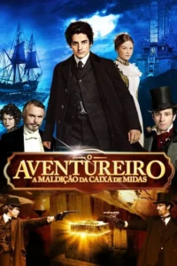 Personagens em trajes vitorianos com navio,castelo e câmara antiga com caixa misteriosa brilhante. Clima de aventura e enigma.