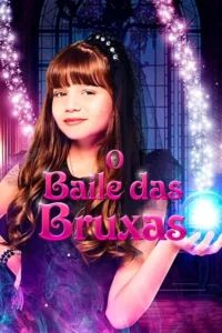 Menina sorridente com tiara e véu segura orbe azul brilhante. Fundo gótico com faíscas mágicas rosa e roxas. Atmosfera de fantasia.