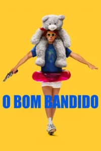 Um homem de óculos amarelos e urso de pelúcia nos ombros,com boia rosa,shorts,tênis com rodas e arma,sobre fundo amarelo.