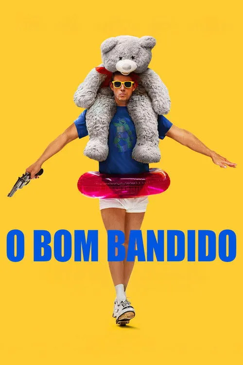 Roofman 1 Um homem de óculos amarelos e urso de pelúcia nos ombros,com boia rosa,shorts,tênis com rodas e arma,sobre fundo amarelo.