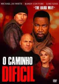 Quatro personagens sérios,três homens e uma mulher loira,em um pôster com fundo vermelho intenso. Clima de ação e suspense.
