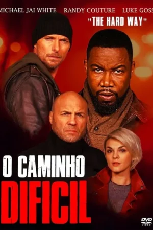 Quatro personagens sérios, três homens e uma mulher loira, em um pôster com fundo vermelho intenso. Clima de ação e suspense.