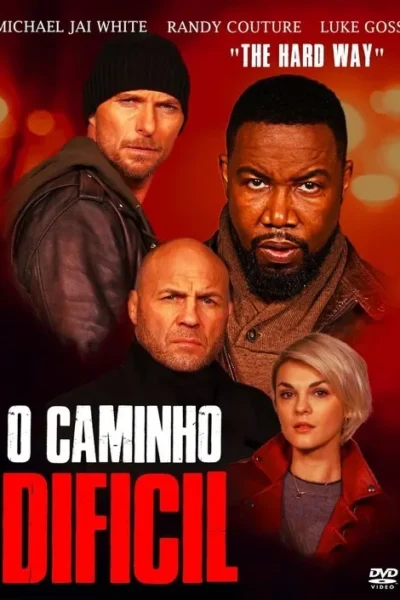 Quatro personagens sérios, três homens e uma mulher loira, em um pôster com fundo vermelho intenso. Clima de ação e suspense.