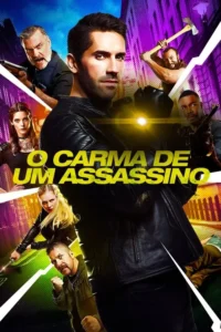 Pôster com homem sério de jaqueta preta no centro,cercado por 6 personagens armados. Fundo urbano pop art vibrante.