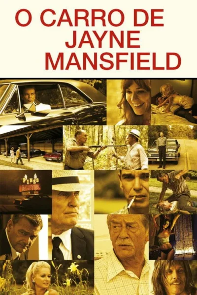 Pôster em colagem sépia. Múltiplos personagens sérios, carros antigos, um motel e cenas de drama e conflito.