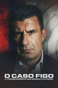 Homem sério de terno,olhar intenso,com fundo dividido em vermelho texturizado e padrão de bola de futebol. Clima dramático.