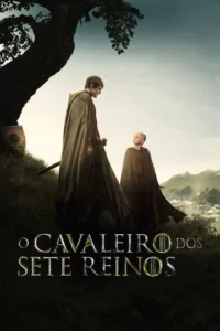 Um homem com espada e um jovem aprendiz, ambos de capa, em uma colina. Uma árvore e uma vila distante completam o cenário.