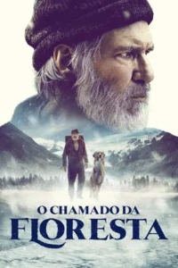 Pôster com rosto de homem barbudo em close-up. Abaixo,ele e um cão grande em uma desolada paisagem montanhosa e nevada.