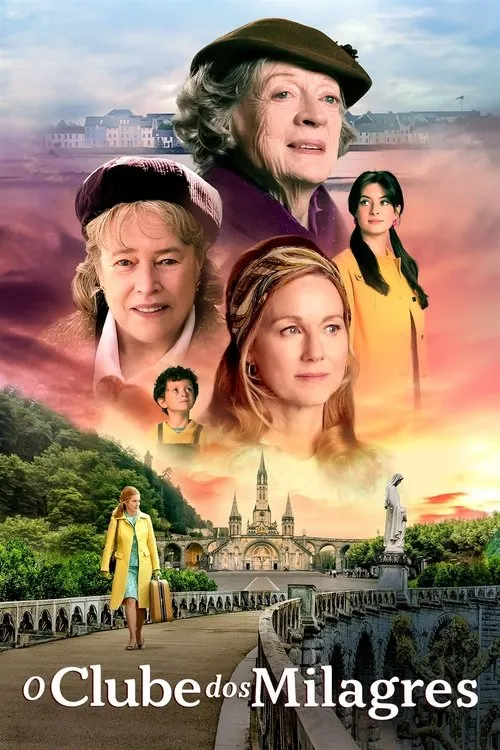 Pôster com mulheres de várias idades e um menino,em frente a uma grandiosa catedral e paisagem verde sob um céu de pôr do sol.