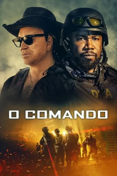 Pôster com dois protagonistas: um de chapéu e óculos, outro de capacete tático. Abaixo, soldados em intenso combate com explosões.