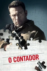 Pôster: Retrato de homem sério formado por peças de quebra-cabeça, revelando um rifle e uma página de livro-caixa com números. Tom sombrio.