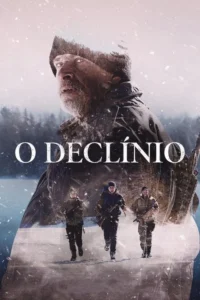 Homem barbudo em close, sobreposto a floresta invernal. Abaixo, três pessoas com armas correm na neve. Clima de ação e sobrevivência.