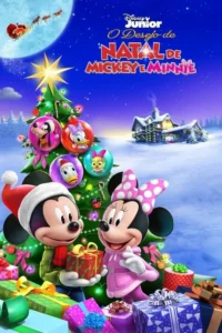 Mickey e Minnie sorriem trocando presentes em cenário natalino nevado. Árvore decorada,casa iluminada e trenó do Papai Noel no céu.