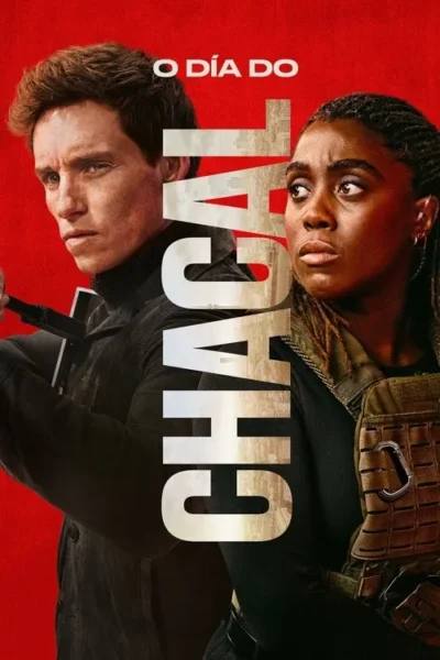 Pôster com um homem sério de jaqueta escura e uma mulher vigilante com colete tático, em fundo vermelho. Clima de ação e suspense.