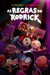 Pôster vibrante:garoto pálido e ansioso entre amigos em um show de rock,com um baterista animado no palco iluminado em roxo.
