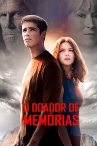 O Doador de Memórias 2 Dois jovens sérios olham para cima. Rostos de idosos translúcidos, linhas digitais, céu tempestuoso e montanhas. Clima misterioso.