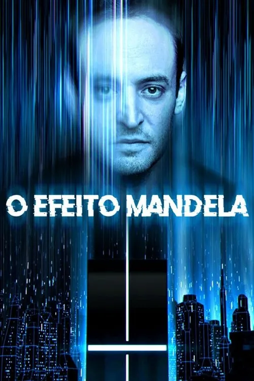 O Efeito Mandela 1 Rosto de homem sério em azul digital com linhas luminosas. Abaixo,uma cidade futurista escura e um portal azul brilhante.